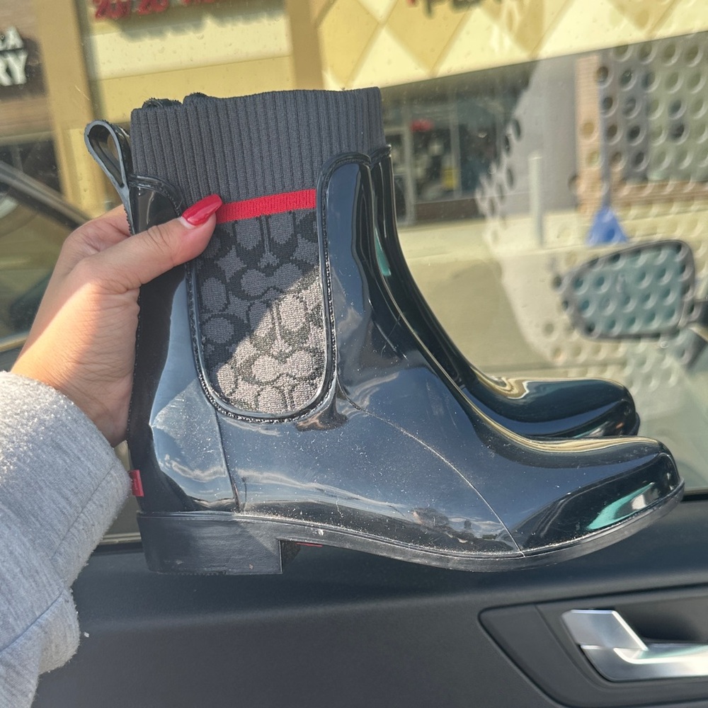 Coach Black and Gray Rain Boots with Red Accent